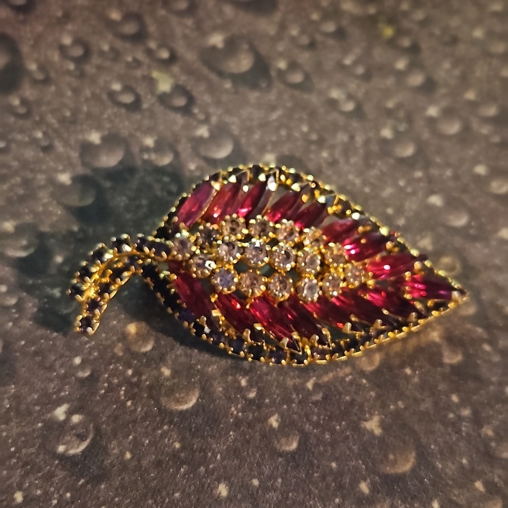 Vintage Red Black Rhinestone Leaf Pin